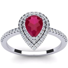 1 Carat Pear Shape Created Ruby and Double Halo Diamond Ring In Sterling Silver