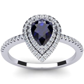 1 Carat Pear Shape Created Sapphire and Double Halo Diamond Ring In Sterling Silver