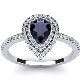 Sapphire Ring: 1 Carat Pear Shape Created Sapphire and Double Halo Diamond Ring In Sterling Silver