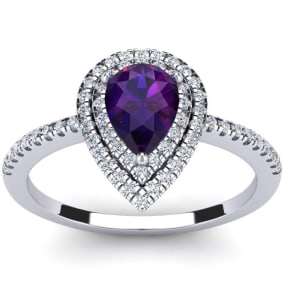 Amethyst Ring: 1 Carat Pear Shape Amethyst and Double Halo Diamond Ring In Sterling Silver