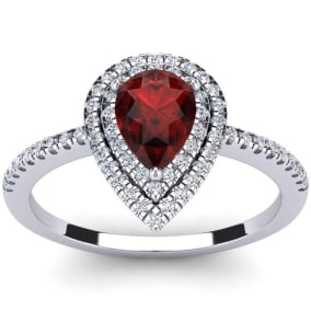 Garnet Ring: 1 Carat Pear Shape Garnet and Double Halo Diamond Ring In Sterling Silver