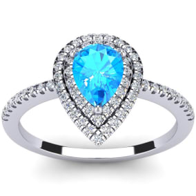 Blue Topaz Ring: 1 Carat Pear Shape Blue Topaz and Double Halo Diamond Ring In Sterling Silver