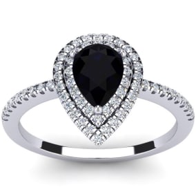 1 Carat Pear Shape Black Onyx and Double Halo Diamond Ring In Sterling Silver