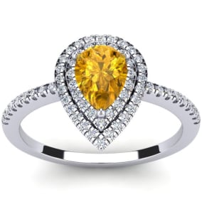 Citrine Ring: 1 Carat Pear Shape Citrine and Double Halo Diamond Ring In Sterling Silver