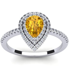 1 Carat Pear Shape Citrine and Double Halo Diamond Ring In Sterling Silver