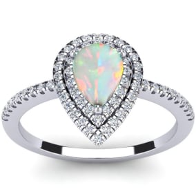 Opal Ring: 1 Carat Pear Shape Created Opal and Double Halo Diamond Ring In Sterling Silver