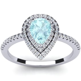 Aquamarine Ring: 1 Carat Pear Shape Aquamarine and Double Halo Diamond Ring In Sterling Silver