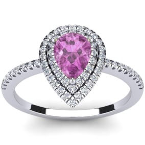Pink Sapphire Ring: 1 Carat Pear Shape Created Pink Sapphire and Double Halo Diamond Ring In Sterling Silver
