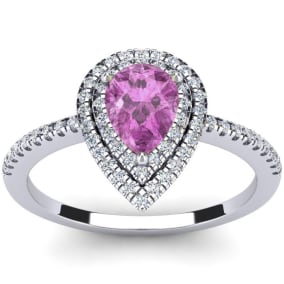1 Carat Pear Shape Created Pink Sapphire and Double Halo Diamond Ring In Sterling Silver