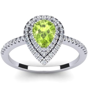 Peridot Ring: 1 Carat Pear Shape Peridot and Double Halo Diamond Ring In Sterling Silver