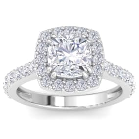 3 Carat Cushion Cut Lab Grown Diamond Halo Engagement Ring In 14K White Gold