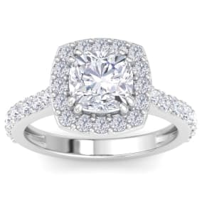 3 Carat Cushion Cut Lab Grown Diamond Halo Engagement Ring In 14K White Gold