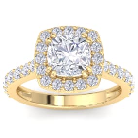3 Carat Cushion Cut Lab Grown Diamond Halo Engagement Ring In 14K Yellow Gold