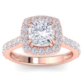 3 Carat Cushion Cut Lab Grown Diamond Halo Engagement Ring In 14K Rose Gold