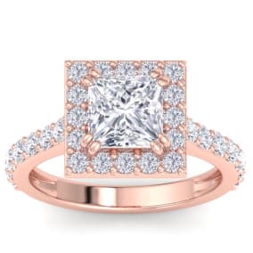 3 Carat Princess Cut Lab Grown Diamond Halo Engagement Ring In 14K Rose Gold