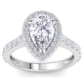 3 Carat Pear Shape Lab Grown Diamond Halo Engagement Ring In 14K White Gold