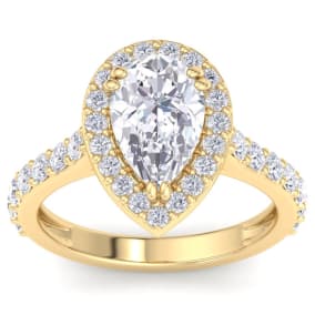 3 Carat Pear Shape Lab Grown Diamond Halo Engagement Ring In 14K Yellow Gold