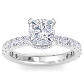 3 Carat Cushion Cut Lab Grown Diamond Hidden Halo Engagement Ring In 14K White Gold