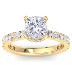 3 Carat Cushion Cut Lab Grown Diamond Hidden Halo Engagement Ring In 14K Yellow Gold