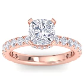 3 Carat Cushion Cut Lab Grown Diamond Hidden Halo Engagement Ring In 14K Rose Gold