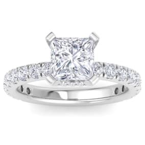 3 Carat Princess Cut Lab Grown Diamond Hidden Halo Engagement Ring In 14K White Gold