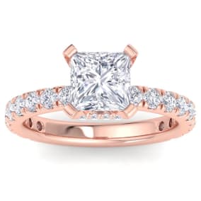 3 Carat Princess Cut Lab Grown Diamond Hidden Halo Engagement Ring In 14K Rose Gold