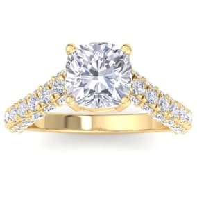 3 Carat Cushion Cut Lab Grown Diamond Curved Engagement Ring In 14K Yellow Gold