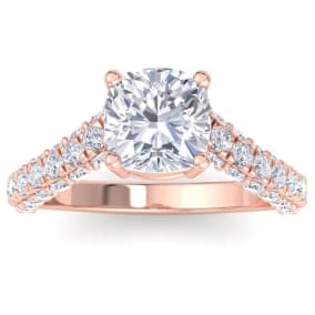 3 Carat Cushion Cut Lab Grown Diamond Curved Engagement Ring In 14K Rose Gold