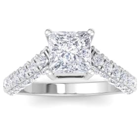 3 Carat Princess Cut Lab Grown Diamond Curved Engagement Ring In 14K White Gold