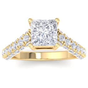 3 Carat Princess Cut Lab Grown Diamond Curved Engagement Ring In 14K Yellow Gold