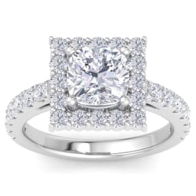3 Carat Cushion Cut Lab Grown Diamond Square Halo Engagement Ring In 14K White Gold