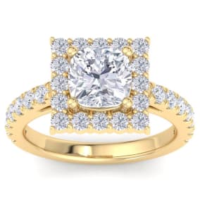 3 Carat Cushion Cut Lab Grown Diamond Square Halo Engagement Ring In 14K Yellow Gold