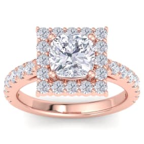 3 Carat Cushion Cut Lab Grown Diamond Square Halo Engagement Ring In 14K Rose Gold