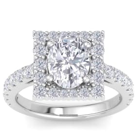 3 Carat Oval Shape Lab Grown Diamond Square Halo Engagement Ring In 14K White Gold