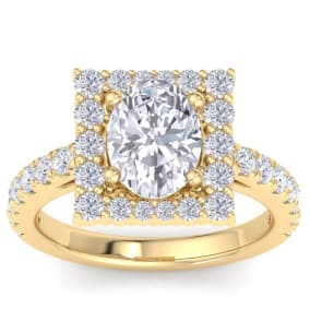 3 Carat Oval Shape Lab Grown Diamond Square Halo Engagement Ring In 14K Yellow Gold