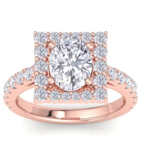 3 Carat Oval Shape Lab Grown Diamond Square Halo Engagement Ring In 14K Rose Gold