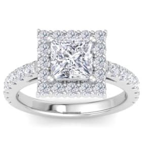 3 Carat Princess Cut Lab Grown Diamond Square Halo Engagement Ring In 14K White Gold