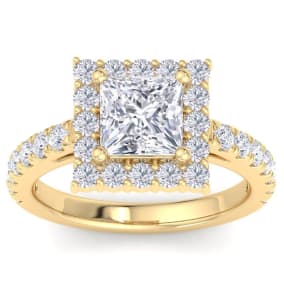 3 Carat Princess Cut Lab Grown Diamond Square Halo Engagement Ring In 14K Yellow Gold