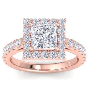 3 Carat Princess Cut Lab Grown Diamond Square Halo Engagement Ring In 14K Rose Gold