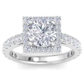 3 Carat Round Lab Grown Diamond Square Halo Engagement Ring In 14K White Gold