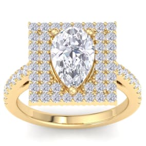 3 Carat Pear Shape Lab Grown Diamond Square Halo Engagement Ring In 14K Yellow Gold