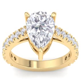 4 Carat Pear Shape Lab Grown Diamond Classic Engagement Ring In 14K Yellow Gold