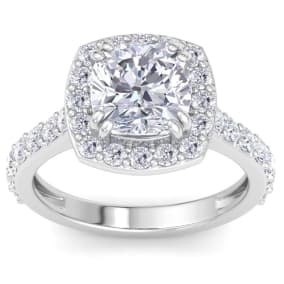 4 Carat Cushion Cut Lab Grown Diamond Halo Engagement Ring In 14K White Gold