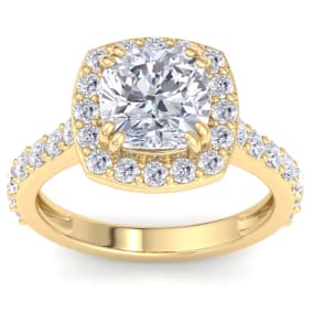 4 Carat Cushion Cut Lab Grown Diamond Halo Engagement Ring In 14K Yellow Gold