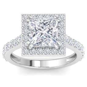 4 Carat Princess Cut Lab Grown Diamond Halo Engagement Ring In 14K White Gold