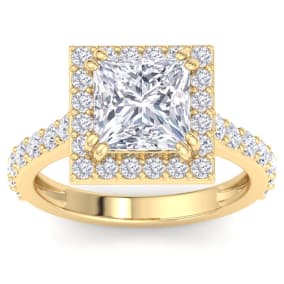 4 Carat Princess Cut Lab Grown Diamond Halo Engagement Ring In 14K Yellow Gold