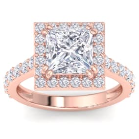 4 Carat Princess Cut Lab Grown Diamond Halo Engagement Ring In 14K Rose Gold