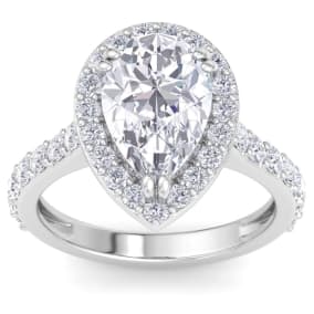 4 Carat Pear Shape Lab Grown Diamond Halo Engagement Ring In 14K White Gold