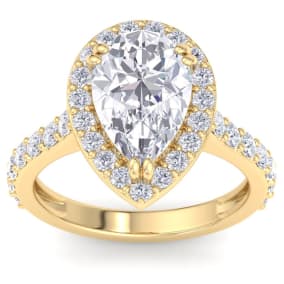 4 Carat Pear Shape Lab Grown Diamond Halo Engagement Ring In 14K Yellow Gold