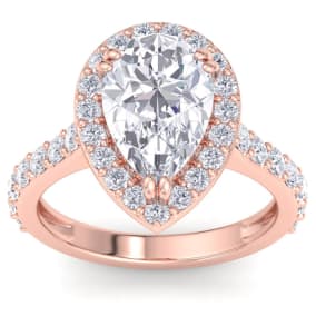 4 Carat Pear Shape Lab Grown Diamond Halo Engagement Ring In 14K Rose Gold